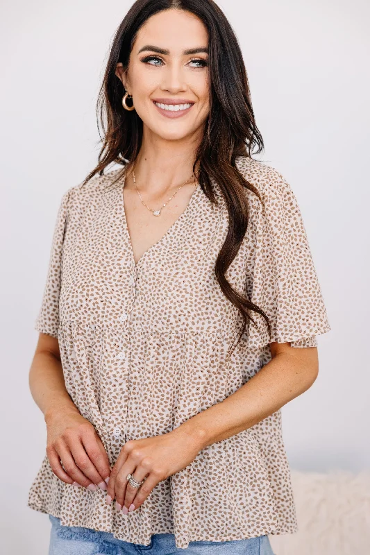 Outdoor Outfits High Stakes Taupe Brown Leaf Print Top