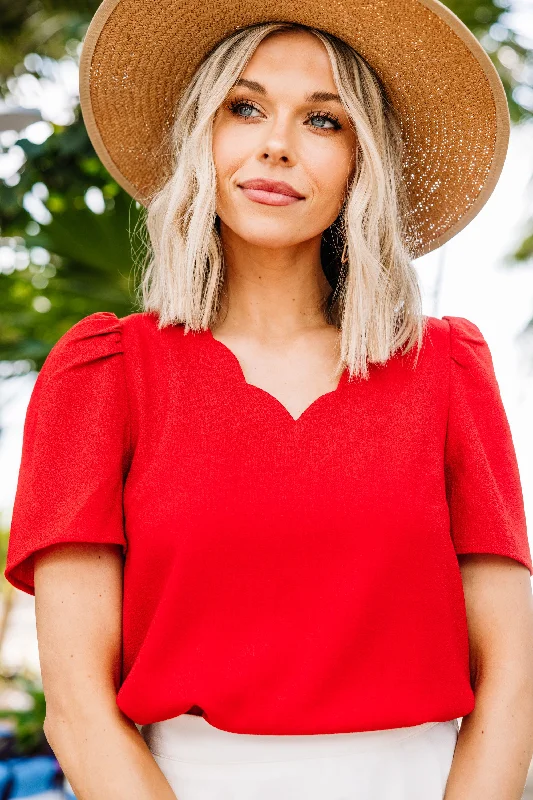 Cozy Looks How To Love Tomato Red Scalloped Blouse