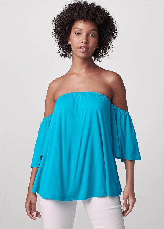 Relaxed Denim Off-The-Shoulder Top - Aqua