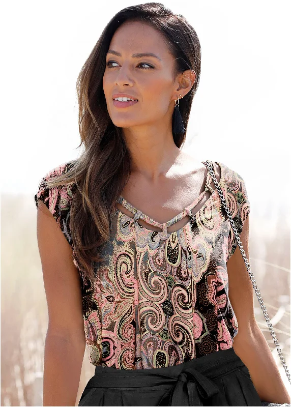 Luxury Comfort Scoop Cut-Out Top - Pink & Brown Multi