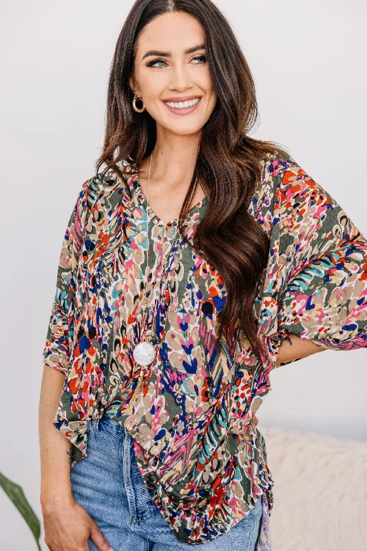 Everyday Wear Just You Wait Olive Green Floral Pocket Top