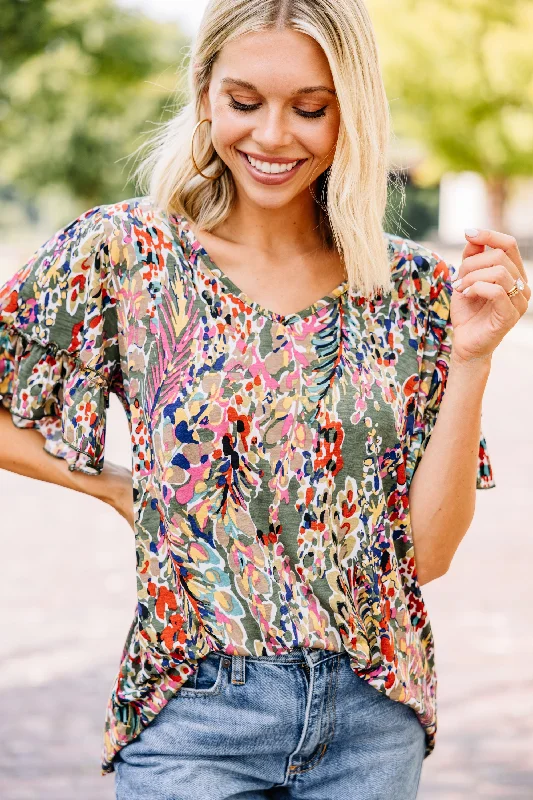 Weekend Outfits Just You Wait Olive Green Ruffled Sleeve Top