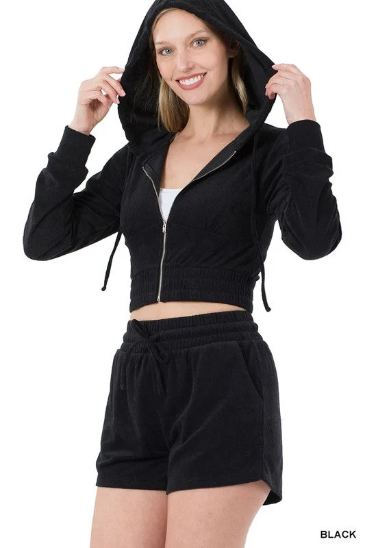 Designer Pants LOOP TERRY ZIP UP CROPPED HOODIE & SHORTS SET