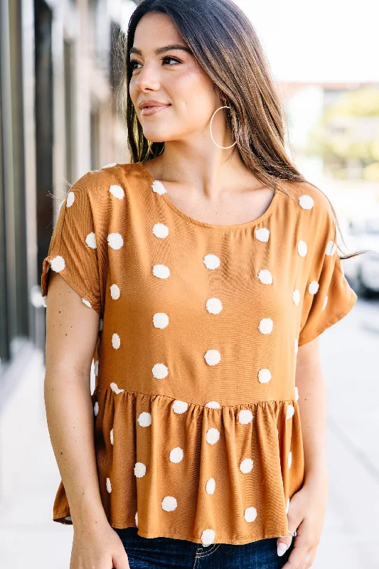 Versatile Knitwear Love Deeply Caramel Brown Polka Dot Babydoll Top