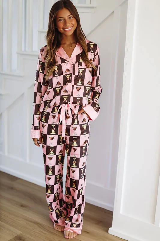 Graphic Caps Martini Moments Pajama Pants - Pink and Brown