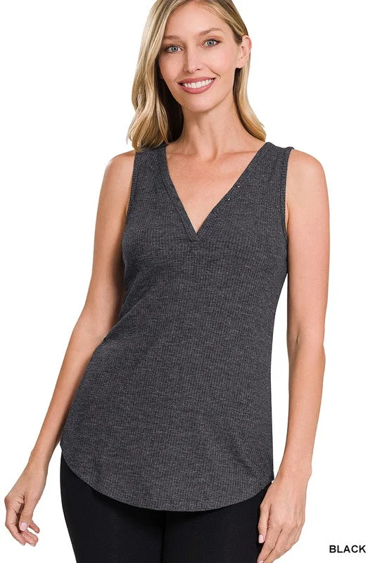 Comfortable Layers Zenana MELANGE RIBBED BUTTON CLOSURE V-NECK TOP