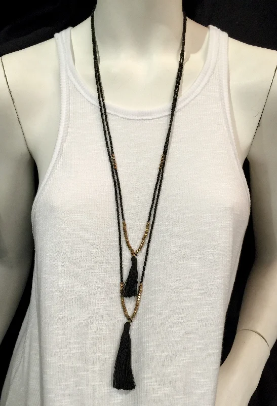 Leather Jackets Seed Bead Double Strand Tassel Necklace