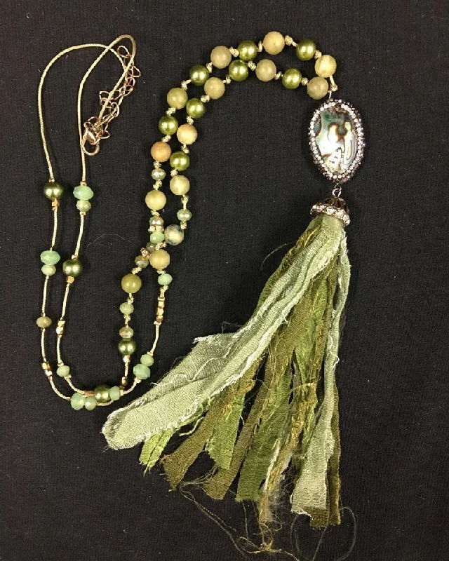 Sporty Wardrobe Shabby Chic Abalone Fabric Tassel Necklace