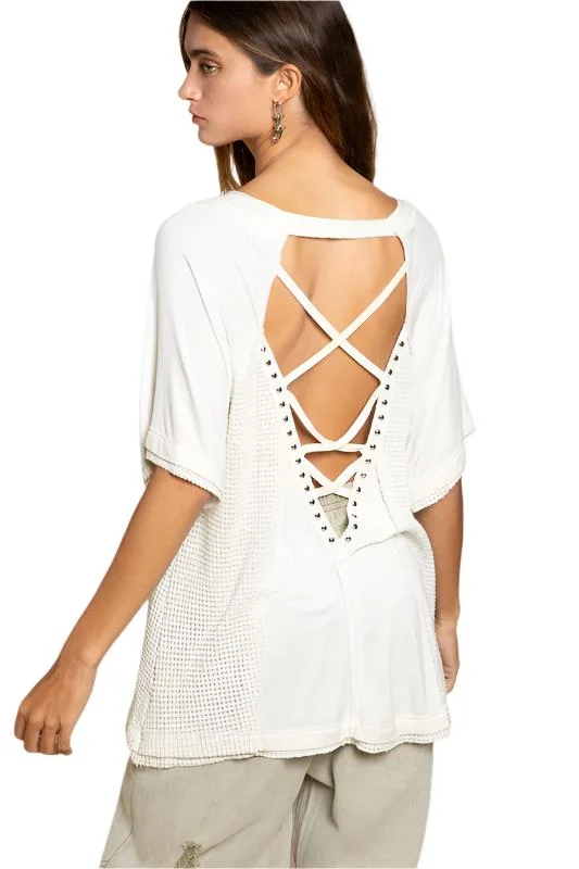 Street Casuals Studded Strappy Back Waffle Mixed Knit Top