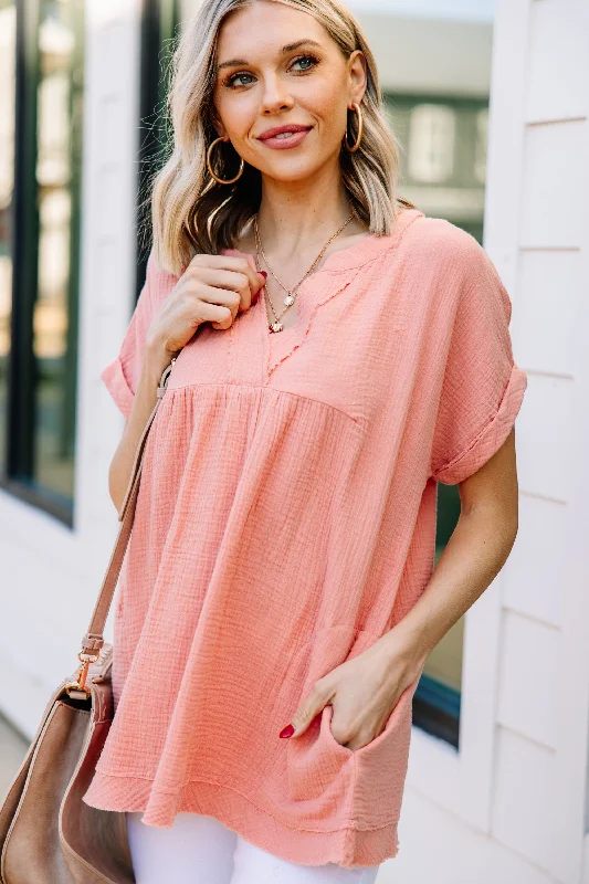 Comfortable Layers Touch My Heart Peach Pink Crinkled Top
