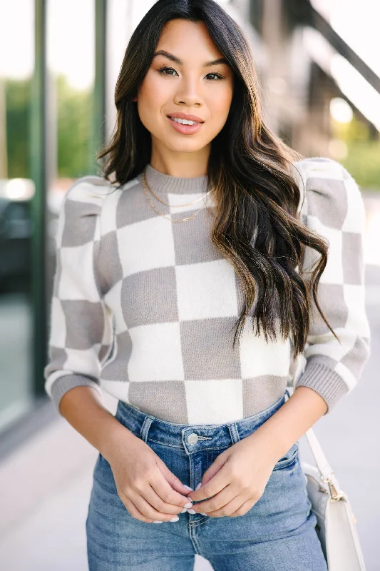 Minimalist Fashion Up The Tempo Taupe Brown Checkered Sweater