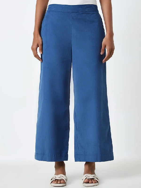Comfy Jackets Utsa Blue Solid High-Rise Cotton Ethnic Pants