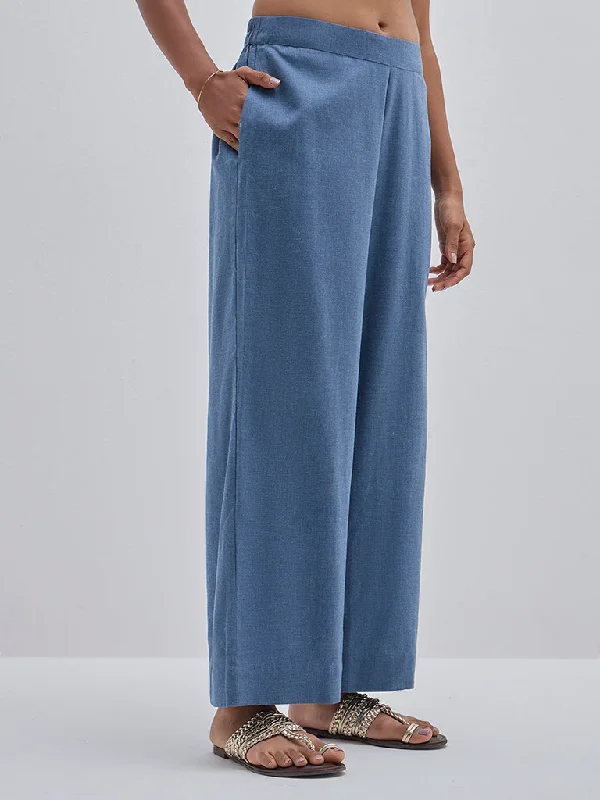 Comfortable Shoes Utsa Blue Solid High-Rise Cotton Ethnic Pants