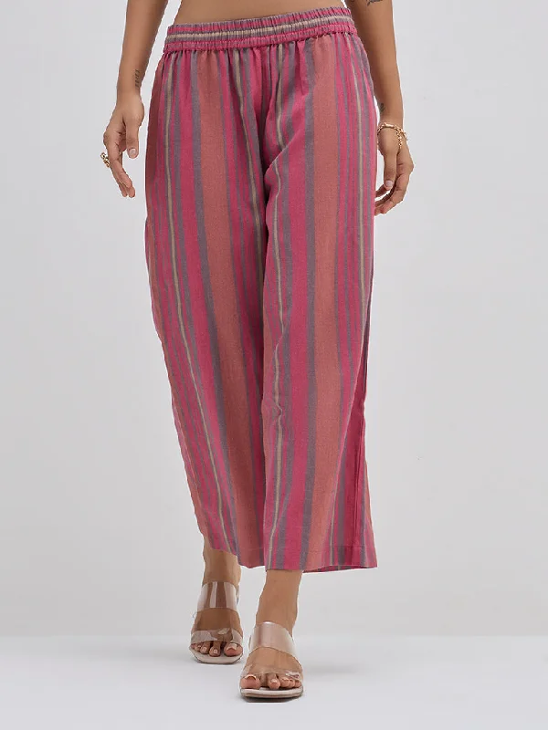 Fashion Accessories Utsa Dusty Pink Striped High-Rise Cotton Ethnic Pants
