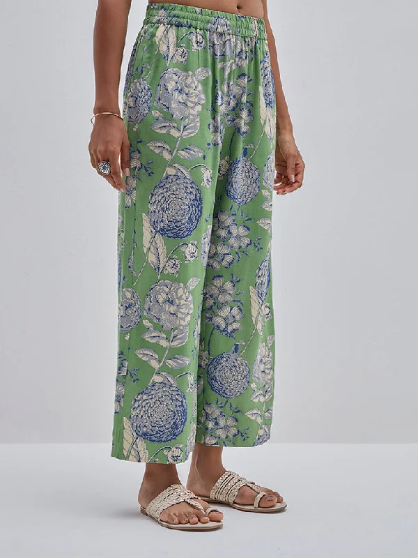 Preppy Pants Utsa Green Floral Design High-Rise Ethnic Pants