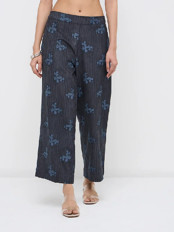 Utility Jackets Utsa Indigo Floral Printed High-Rise Cotton Ethnic Pants