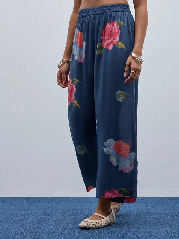 Casual Blazers Utsa Indigo Floral Printed High-Rise Cotton Ethnic Pants