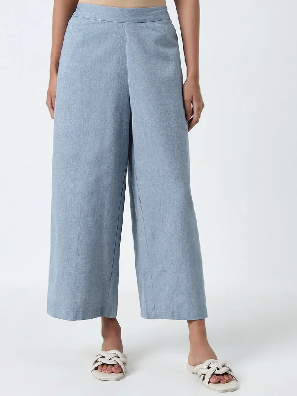 Smart Tops Utsa Light Blue High-Rise Straight Cotton Pants