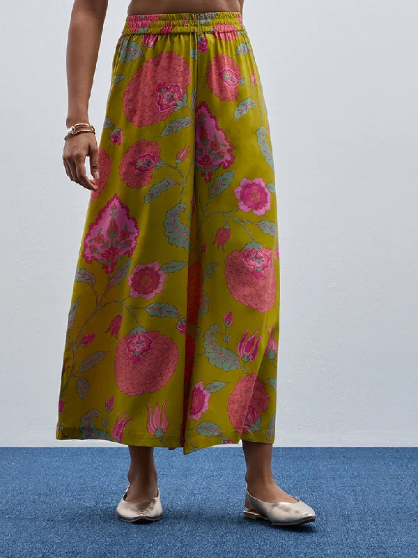 Trendy Outerwear Utsa Light Green Floral Printed High-Rise Ethnic Pants