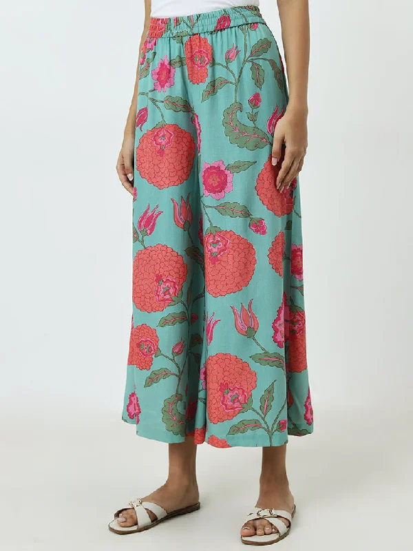 Relaxed Wardrobe Utsa Light Teal Floral Printed High-Rise Ethnic Pants