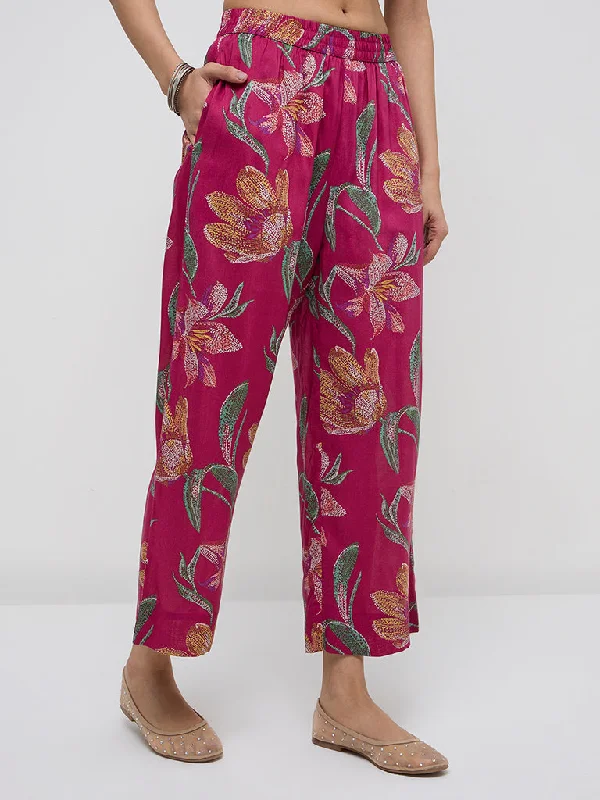 Casual Chic Utsa Magenta Floral Design High-Rise Ethnic Pants