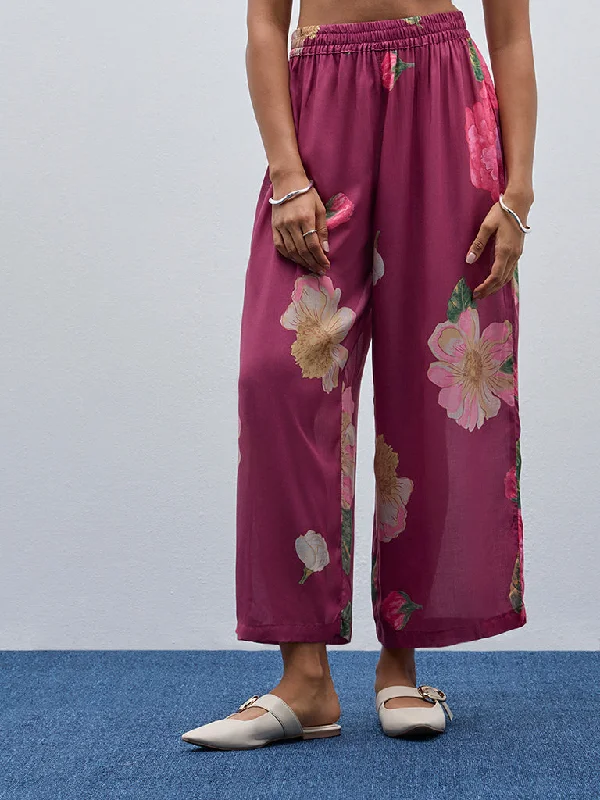 High-neck Sweaters Utsa Maroon Floral Printed High-Rise Ethnic Pants