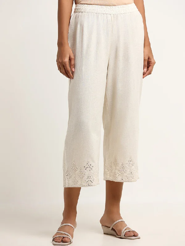 Urban Outfits Utsa Off-White Mid-Rise Mirror Embroidered Blended Linen Pants