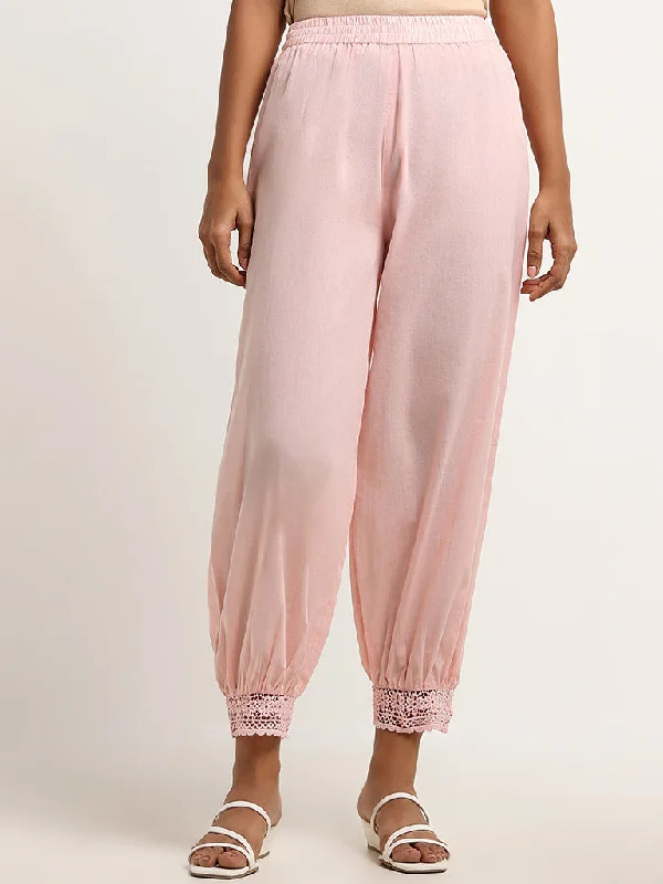 Soft Layers Utsa Pink Cotton Crochet Trimmed Pants