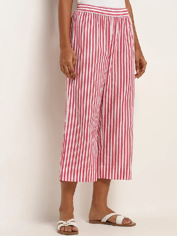 Flexible Wear Utsa Pink Striped Cotton Blend Pants