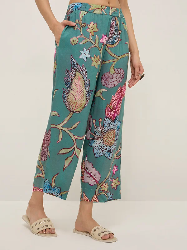 Streetwear Fashion Utsa Teal Botanical Printed Ethnic Pants