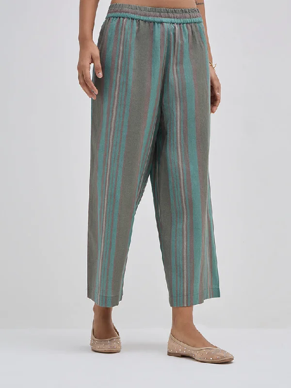 Designer Outerwear Utsa Teal Striped High-Rise Cotton Ethnic Pants