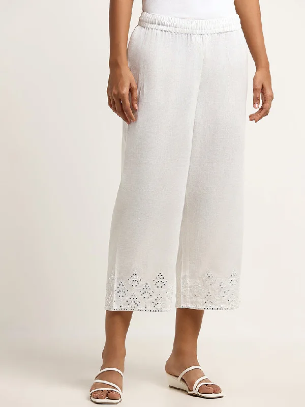 Cozy Looks Utsa White Mid-Rise Mirror Embroidered Blended Linen Pants