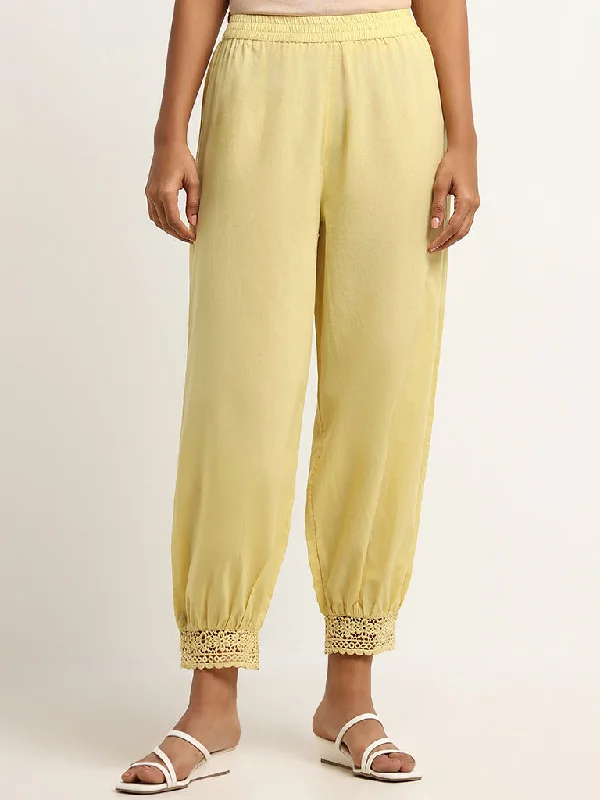 Comfortable Shoes Utsa Yellow Cotton Crochet Trimmed Pants