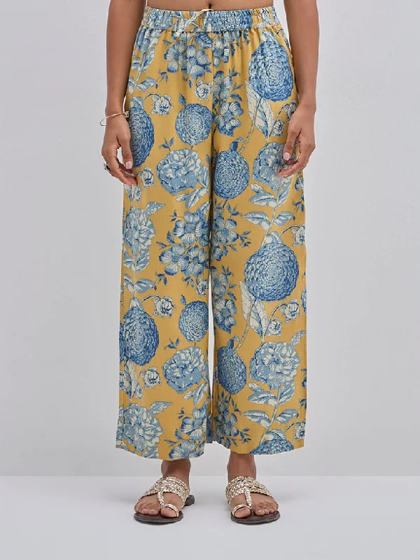 Vintage Fashion Utsa Yellow Floral Patterned High-Rise Ethnic Pants