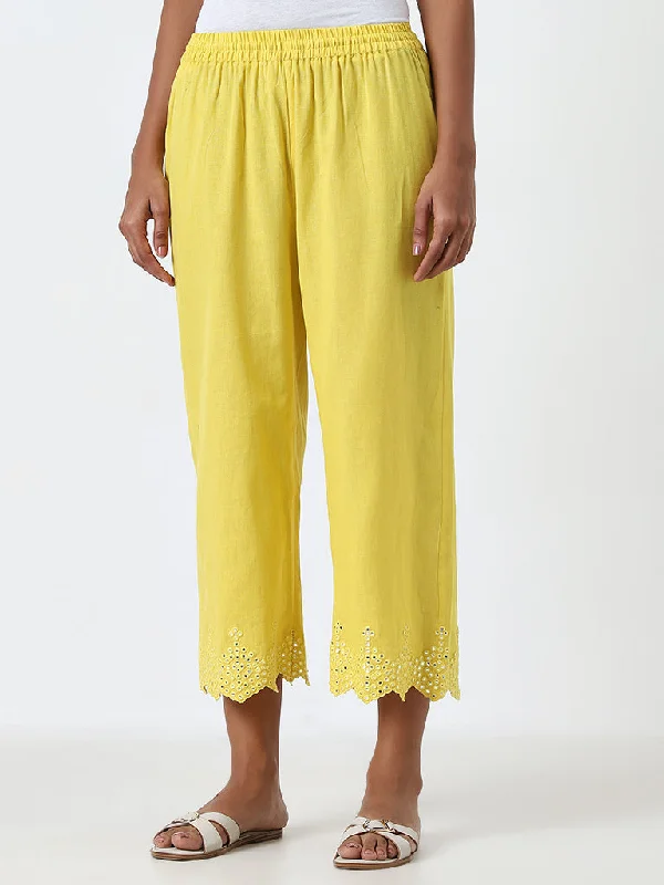 Comfy Outerwear Utsa Yellow Mirror Work High-Rise Cotton Blend Pants