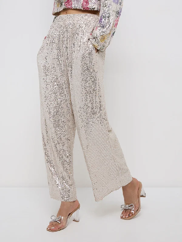 Urban Sneakers Vark Silver Sequin-Detailed High-Rise Pants