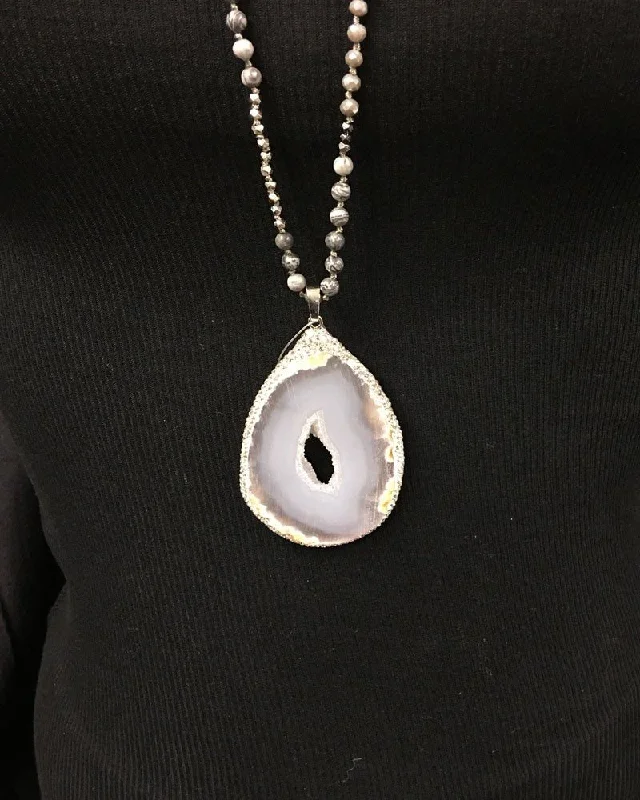 Activewear Gear White Quartz Druzy Necklace with natural stone beads