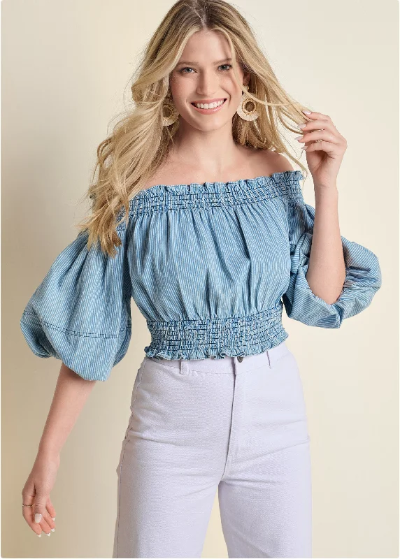 Graphic Sweatshirts Off-The-Shoulder Cropped To - Blue & White