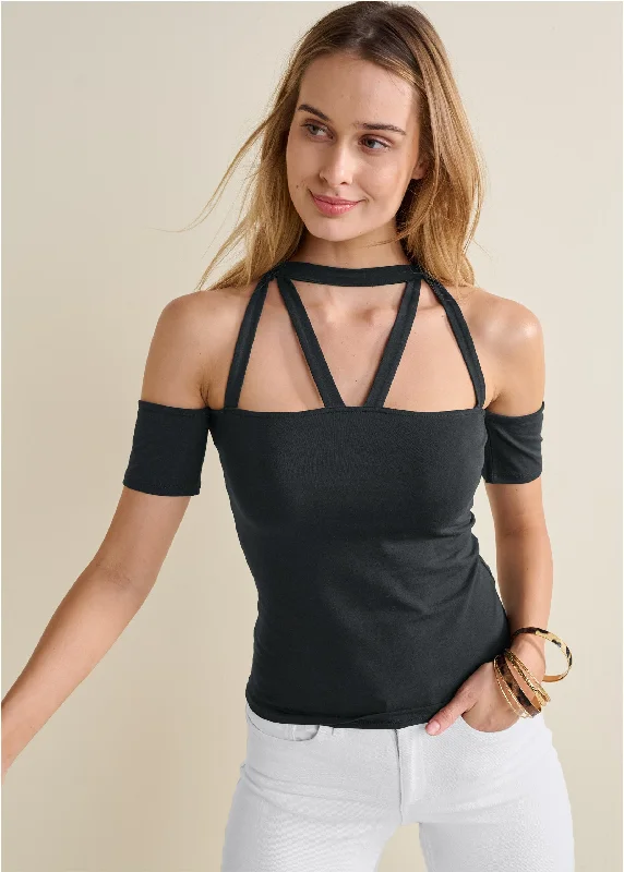 Sporty Suits Strappy Open Shoulder Top - Black