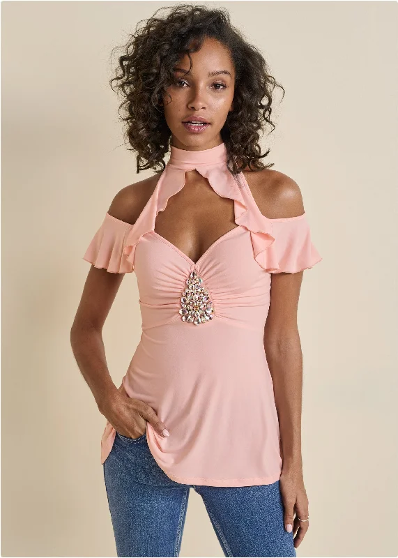 Minimalist Style Embellished Ruffle Top - Pink