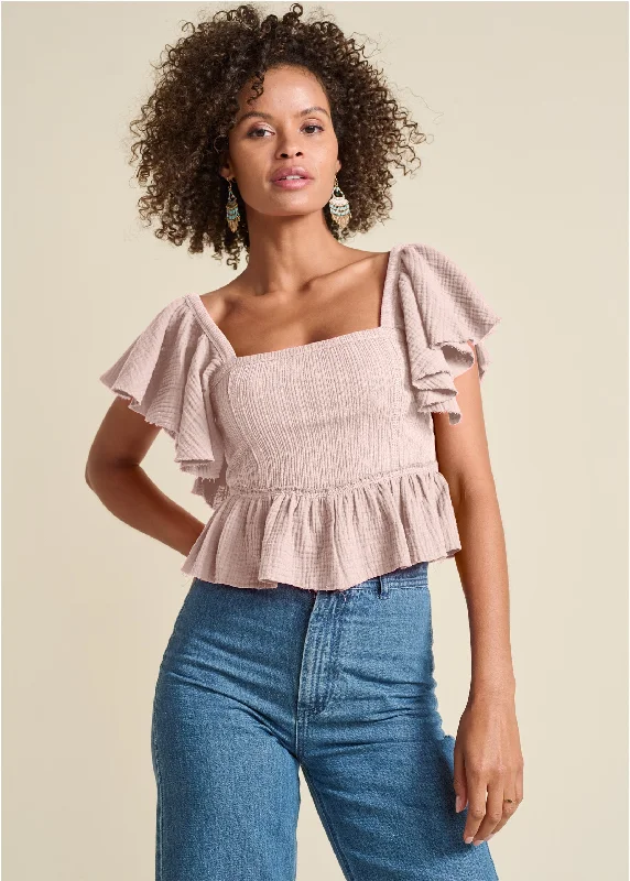 Urban Outfits Raw Edge Peplum Crop Top - Peach