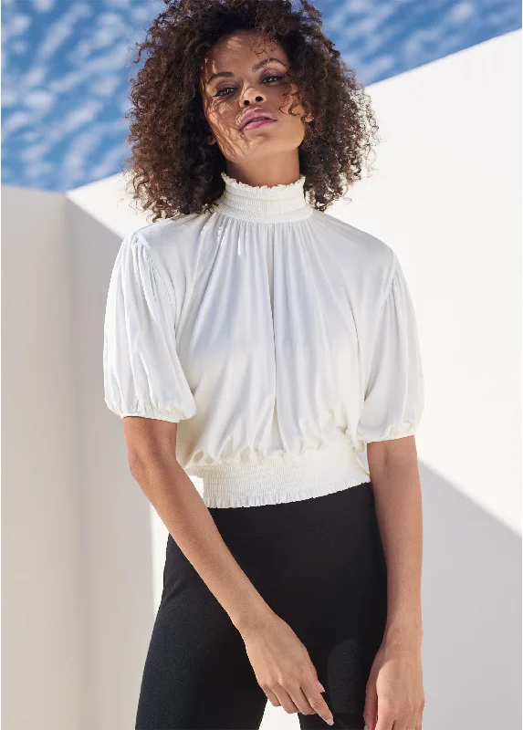 Streetwear Fashion Smocked Mock-Neck Crop Top - Off White