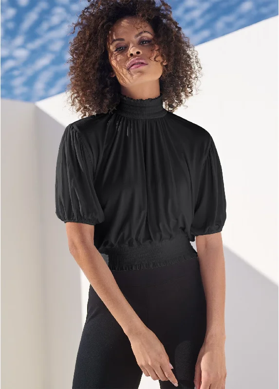 Preppy Pants Smocked Mock-Neck Crop Top - Black
