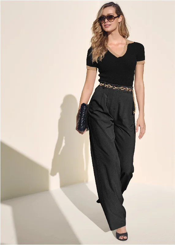 Urban Look V-Neck Color Block Top  - Black Multi
