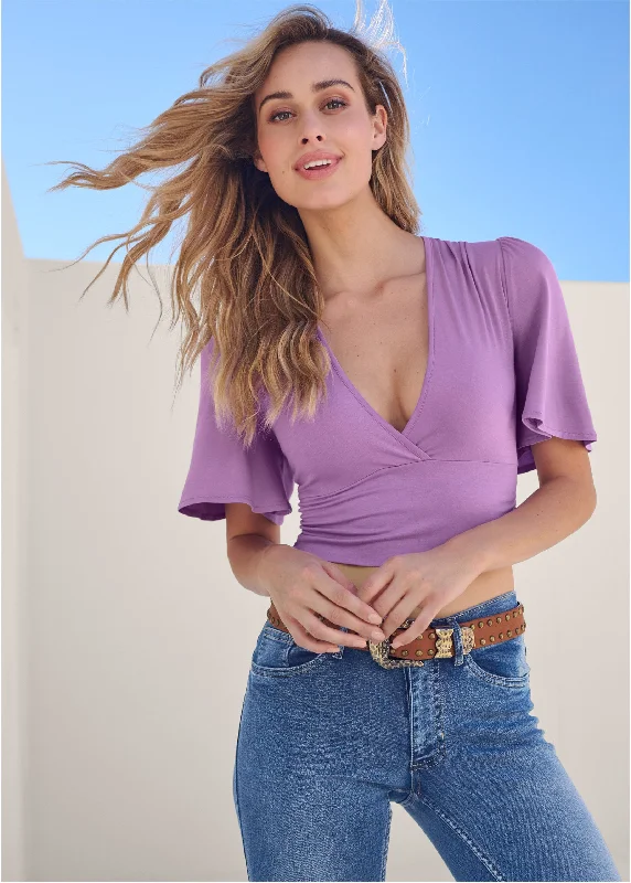 Cozy T-Shirts Flutter Sleeve Crop Top - Orchid