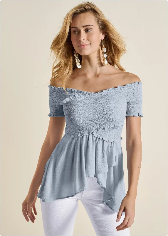 Urban Outfits Smocked Babydoll Top - Light Blue