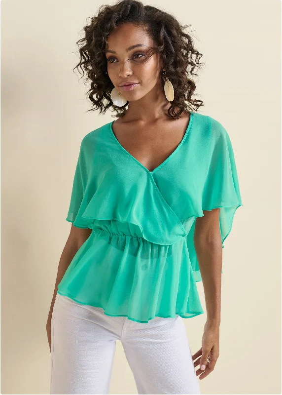 Practical Clothing Surplice Chiffon Top - Turquoise