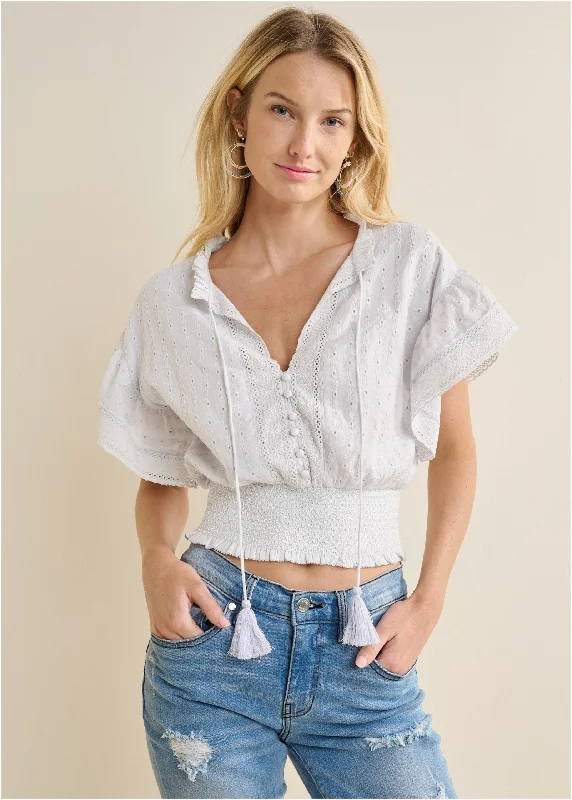 Everyday Denim Eyelet Flutter Sleeve Top - Off White