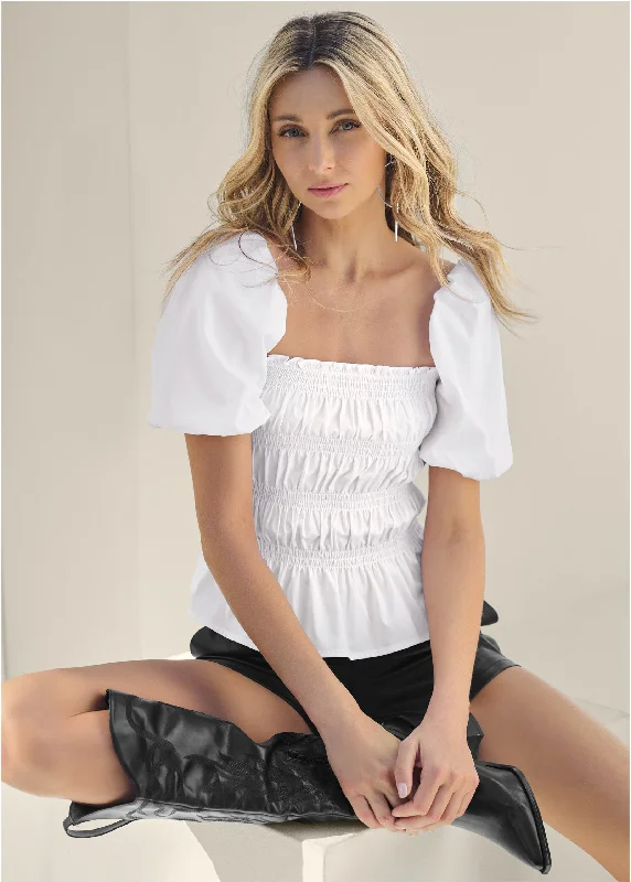 Minimalist Fashion Smocked Puff Sleeve Top - White