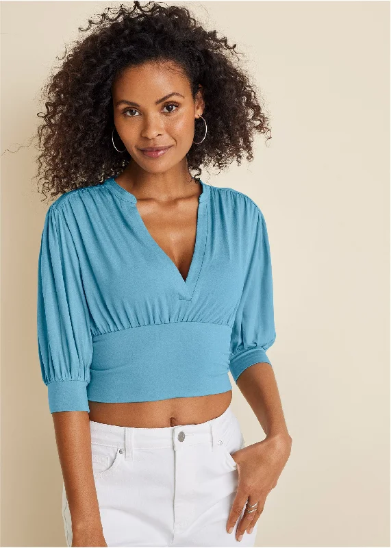 Chinos Style V-Neck Puff Sleeve Top - Blue